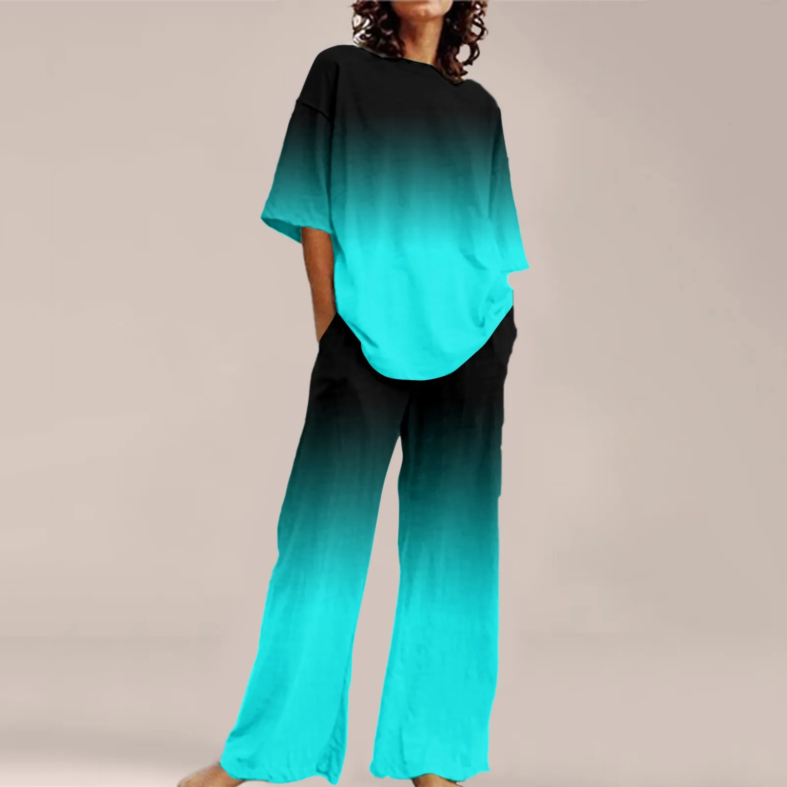 Women Pantsuit Gradient Oversize Set Vintage T-Shirt Top Elastic Waist Wide Leg Straight Trousers Suit Vocation Two Piece Outfit high street hip hop black jeans women streetwear vintage tie dye chain oversize pants fashion casual wide leg straight trousers