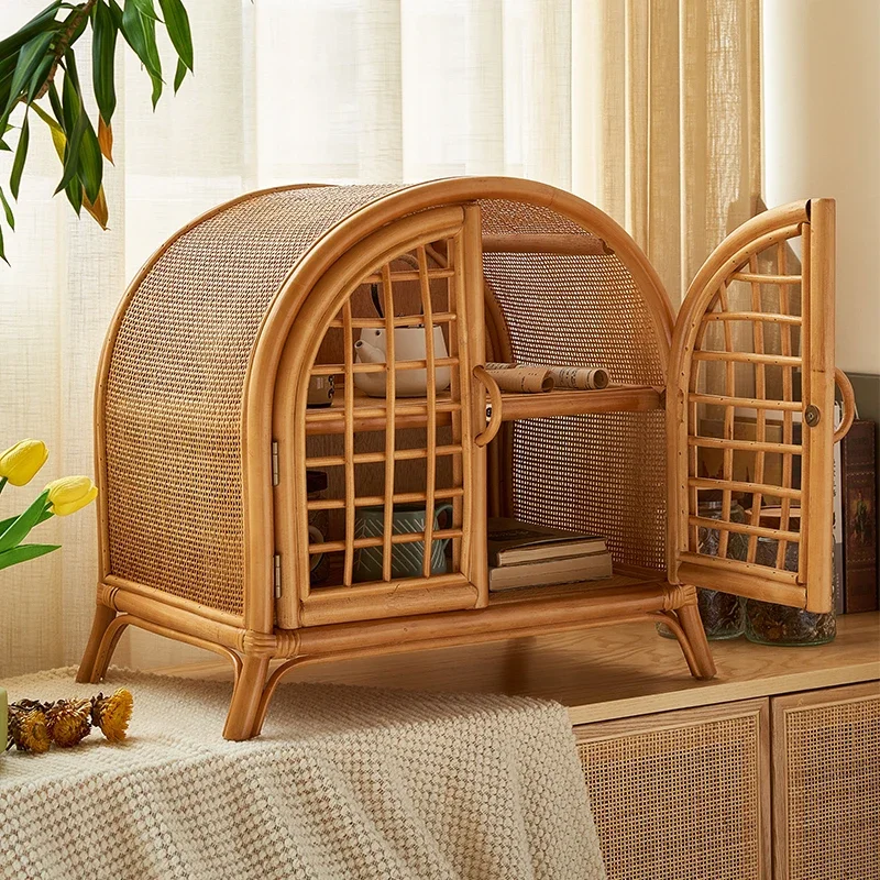 

Handmade Vintage Rattan Storage Shelf Household Ins Cabinet Double-door Cute Storage Rack Holder Kid Baby Storage Basketst