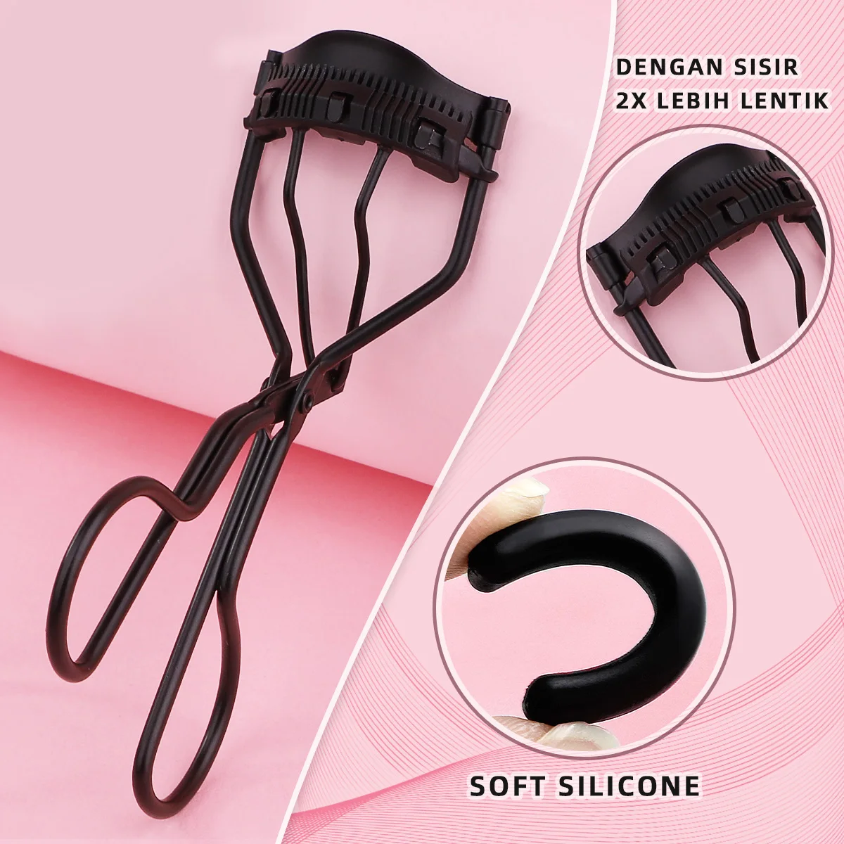 Description Picture 5 of item1 portable eyelash curler with 5 silicone pads, stainless steel eyelash curler, permanently shaping big eyes.
