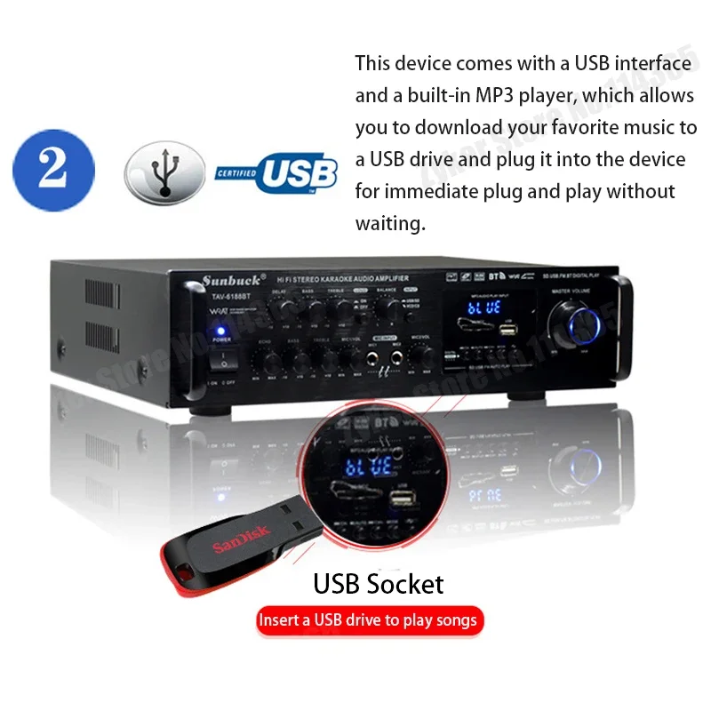 6188BT 블루투스 오디오 앰프 12V 220V 326BT 디지털 스테레오 앰프 마이크 입력 USB SD FM AUX 지원 가정용 차량용