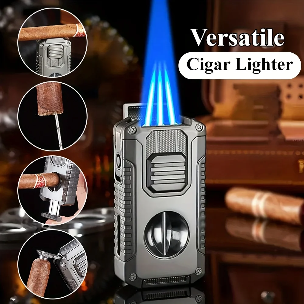 2025 New Multifunctional Three-jet Flame Direct Injection Cigar Lighter with Built-in V-shaped Cigar Cutter Portable Five-in-one