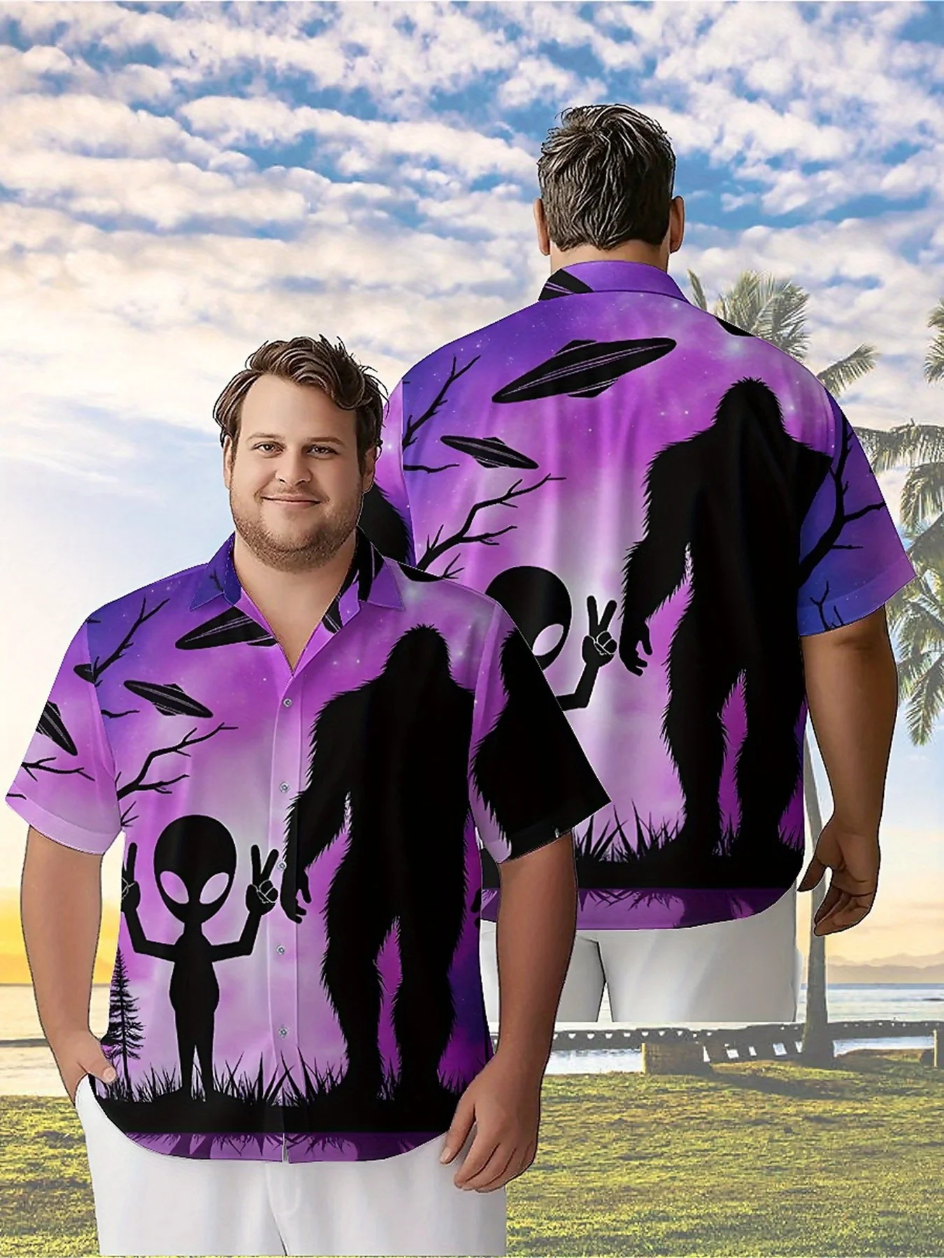 Men's Plus Size Hawaiian Shirts Alien Creatures Pattern, Button Up Shirts, Unisex Casual Clothing, Summer Tops