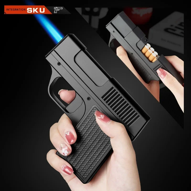 Creative Pistol Shape Lighter With 10PCS Cigarette Box Butane Gas Lighter Welding Gun Windproof Cigar Lighter Unusual Men Gift 2