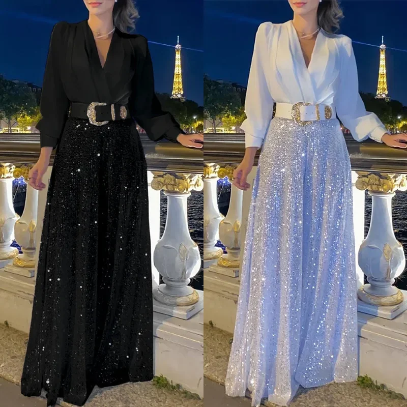 Wide Leg Pants Rompers Female Elegant Temperament Evening Jumpsuits Sequin Fashion Shirt Jumpsuit Women Party V-Neck Long Sleeve