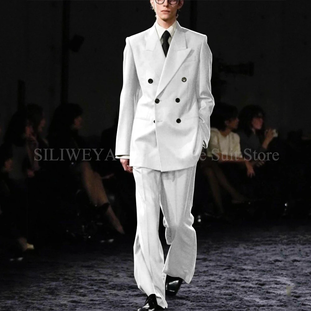 Smart Causal Grey Suit For Men Double Breasted Peak Lapel Loose 2 Piece Jacket Pants Office Daily Prom Terno Masculinos Completo mens suit