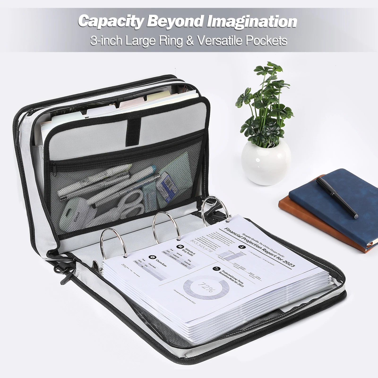 3 inch 3 Ring Zipper Binder 600 Sheet Capacity Oxford Cloth Multi-Pocket School Organizer