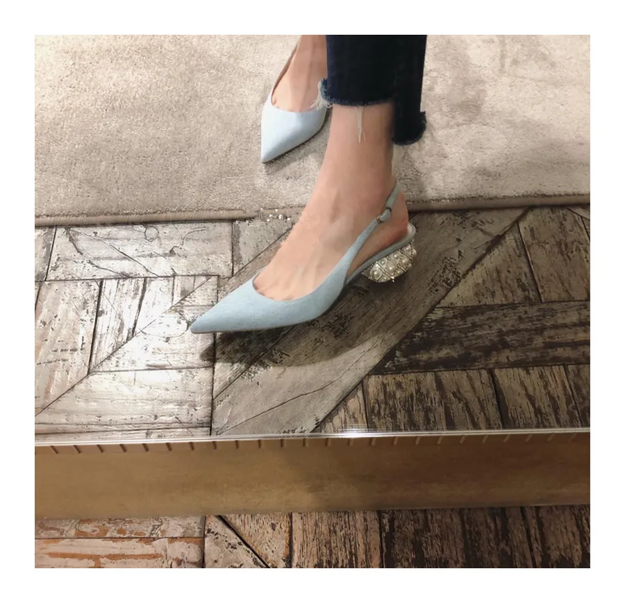 Women's Summer New Thick Heel Pointed Head Bag Head Sandals Women's Rhinestone Pearl Heel One-word Buckle Medium Heel High Heels 4