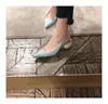 Women's Summer New Thick Heel Pointed Head Bag Head Sandals Women's Rhinestone Pearl Heel One-word Buckle Medium Heel High Heels 4