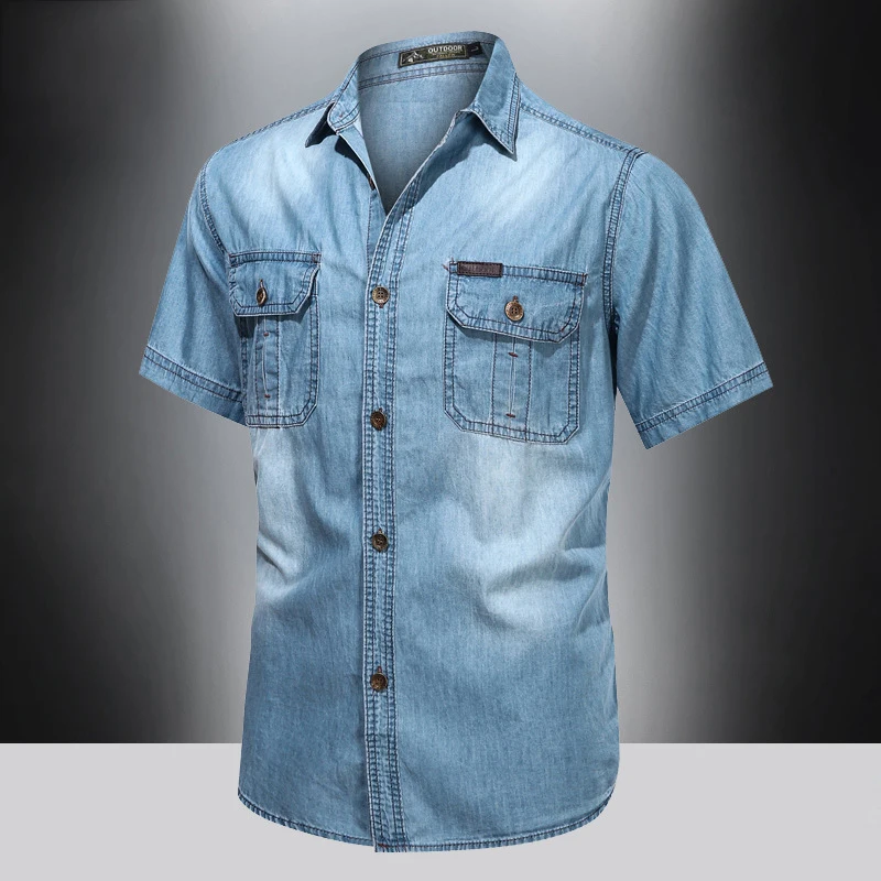 Denim shirt men pure cotton short sleeved American loose fitting workwear ice silk quick drying casual versatile