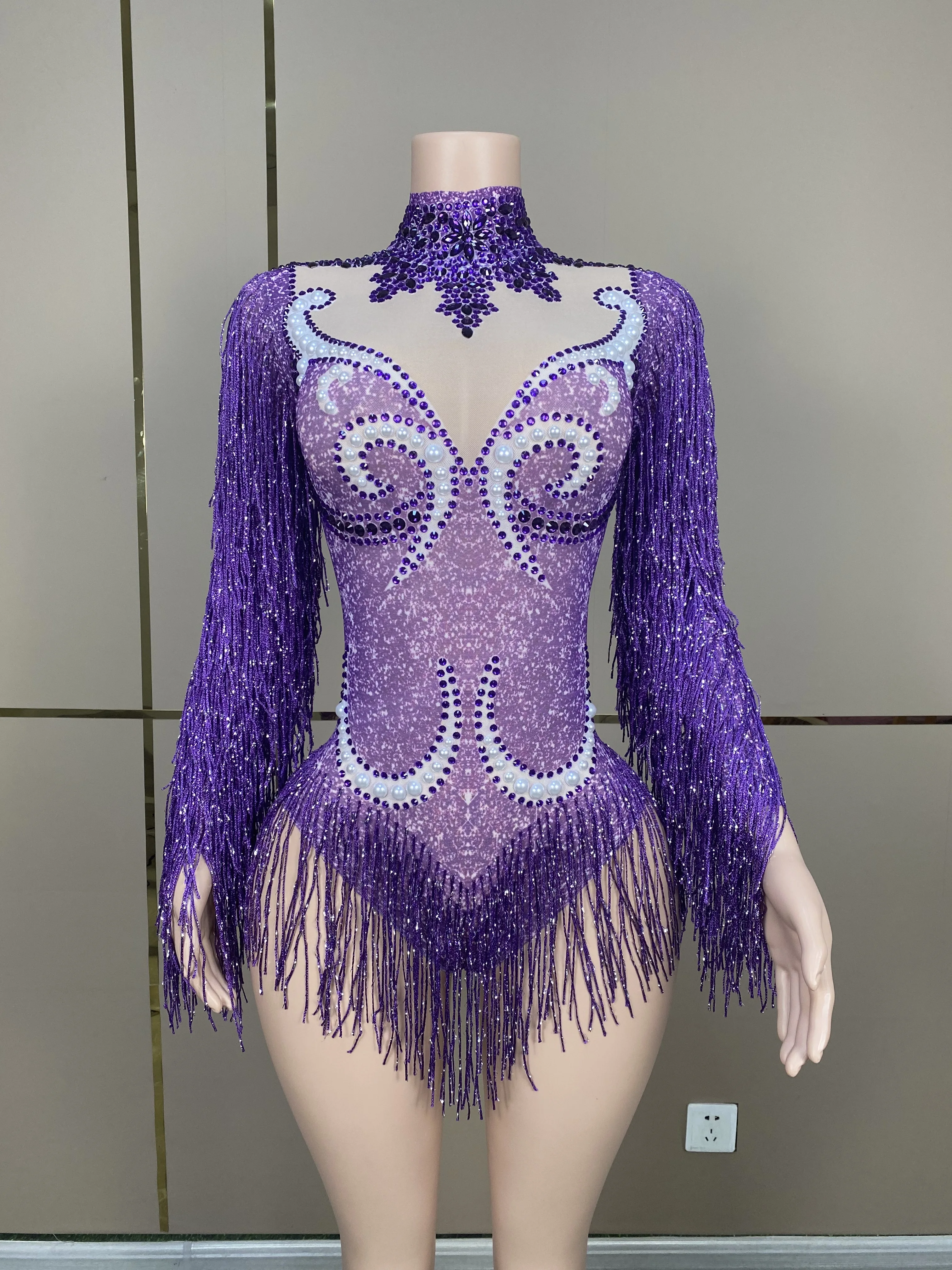 

Purple Fringes Stones Drag Queen Cocktail Model Club Birthday Bar Stage Show Gala Party Birthday Special Ocassion Sexy costume