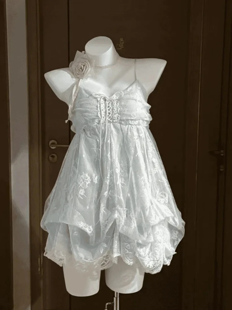 New Vintage Summer Women Sets Elegant Ruffle Lace Chiffon Design Mini Skirt Suit Fairy Female Sweet Korean Fashion Outfits 2025