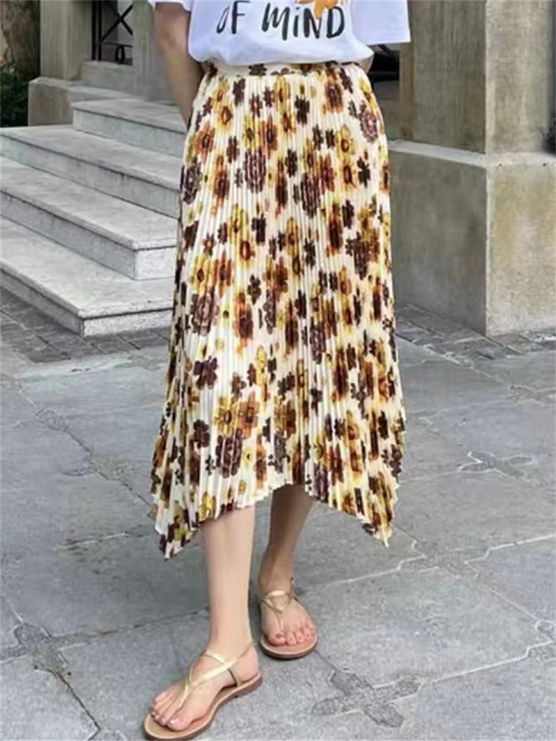 

Распродажа, Женская юбка с асимметричным подолом, плиссированная юбка с винтажным принтом, прямая Длинная юбка с высокой талией