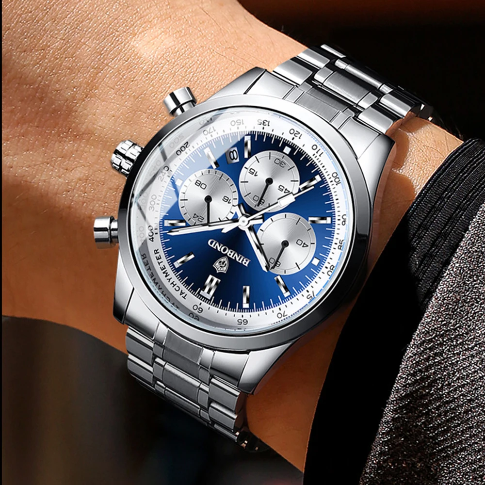 BINBOND Fashion Men's Watches Trend Multifunctional Original Quartz Watch for Man Waterproof Stainless Steel Chronograph Watch 4