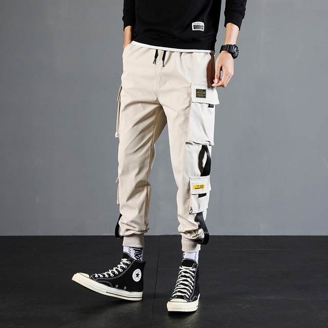Ribbons Harem Joggers Men Cargo Pants Fashion Drawstring Trousers Streetwear Hip Hop Casual Pockets Track Pants