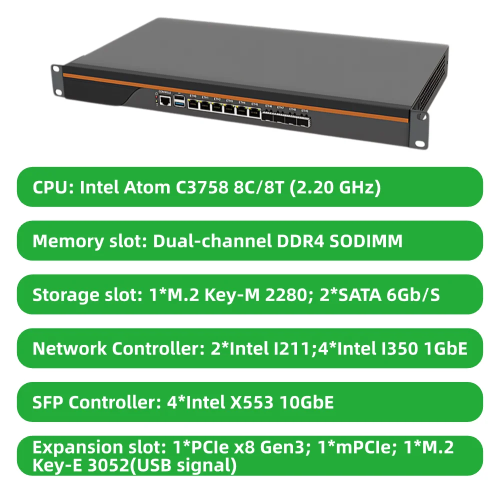 1U 랙 서버 Intel Atom C3758 6x1GbE 4x10G SFP+(방화벽 라우터 서버용) 64GB RAM 1TB SSD  BKHD-1310NP-6L4S-Freehip.co.kr