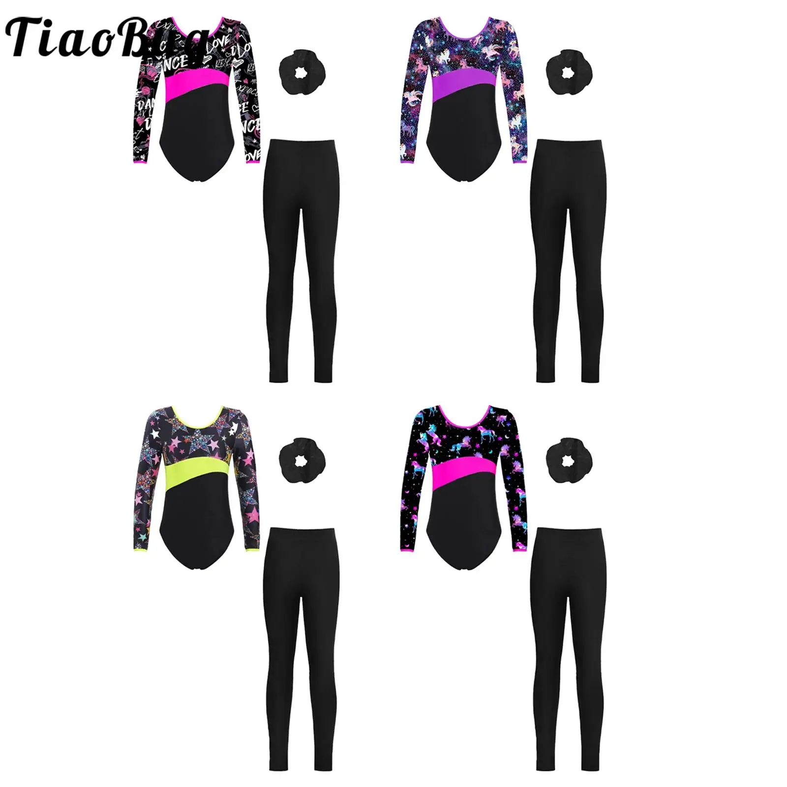 TiaoBug Kids Girls 6 to 14 Years Gymnastics Dance Set Printed Leotard with Elastic Waistband Leggings and Headband for Training