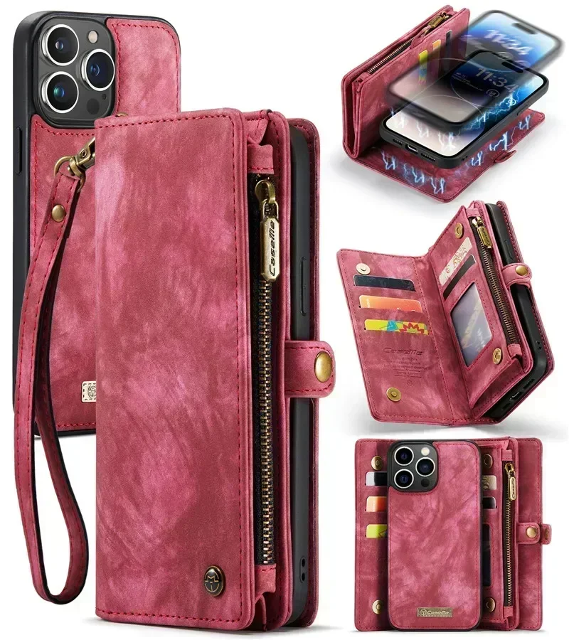 Luxury Leather Wallet Case with Zipper and Strap