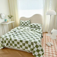 Green Checkerboard Blankets, Flannel Modern Plaid Printed Breathable Thickened Throw Blanket for Sofa Bedroom Plush Nap Blankets 2