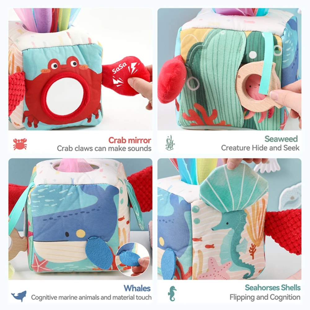 Baby Elefanten Tuch Buch Spielzeug Tissue Box Beruhigende Spielzeug Montessori Sinnes Spielzeug Pädagogisches Spielzeug Fördert die Feinmotorik Entwicklung Geschenk – Detail 14