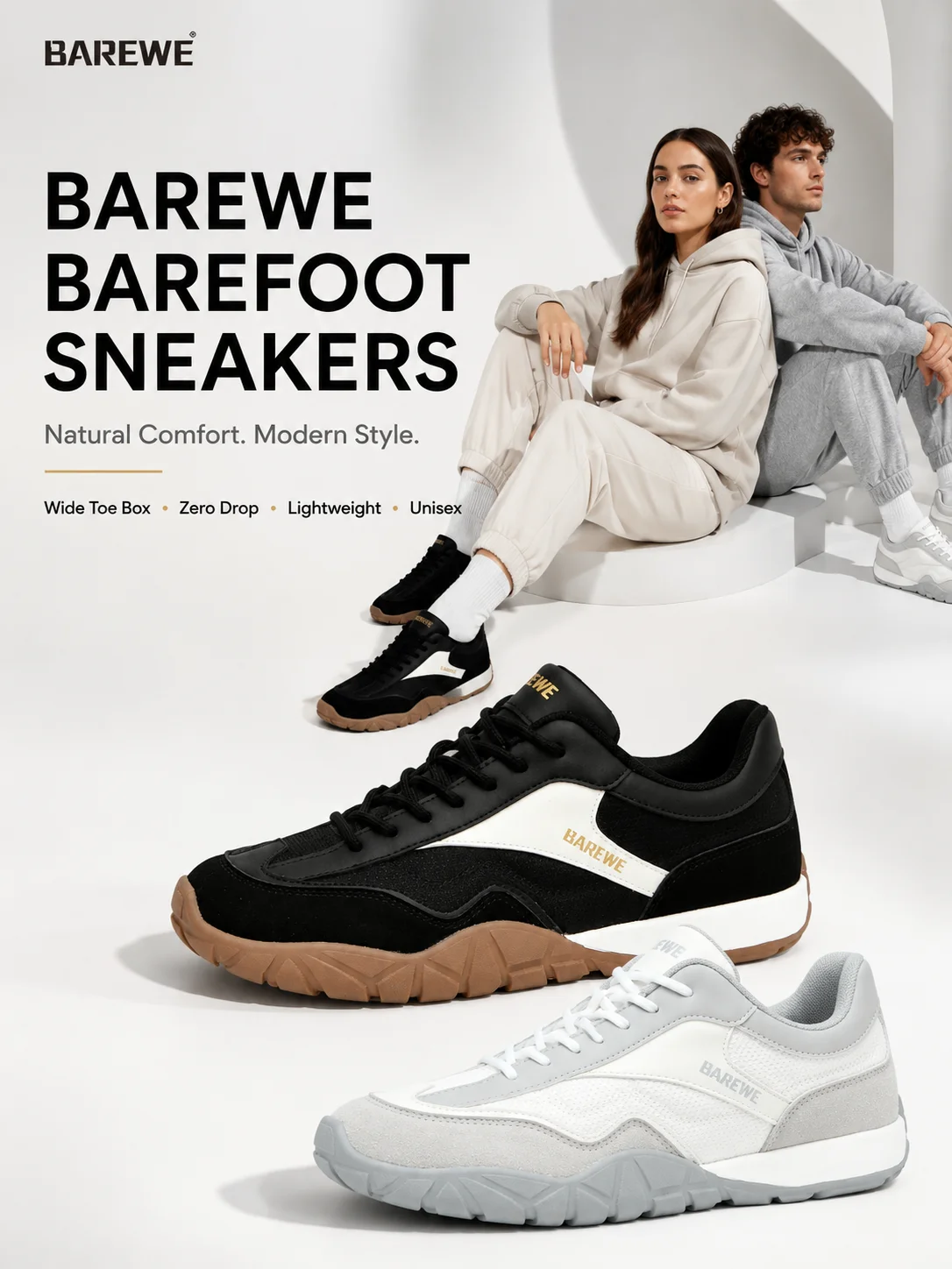 barewe Men's and Women's Athletic Shoes, Wide-Fit, Wide Upper, Walking Shoes, Comfortable, Barefoot-Style, Daily Training Shoes, 2