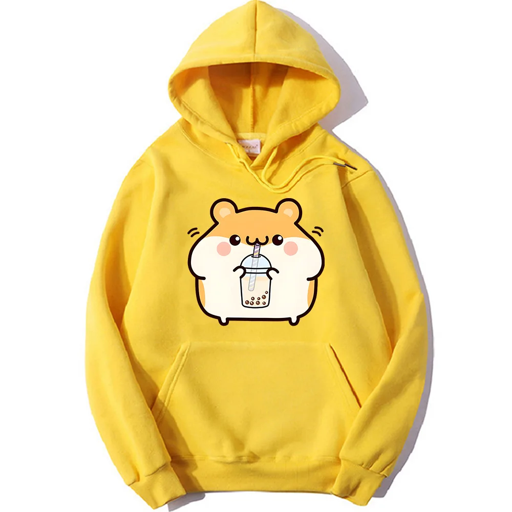 Cute Boba Tea Hamster Graphic Fleece Hoodie – Unisex Casual Winter Sweatshirt