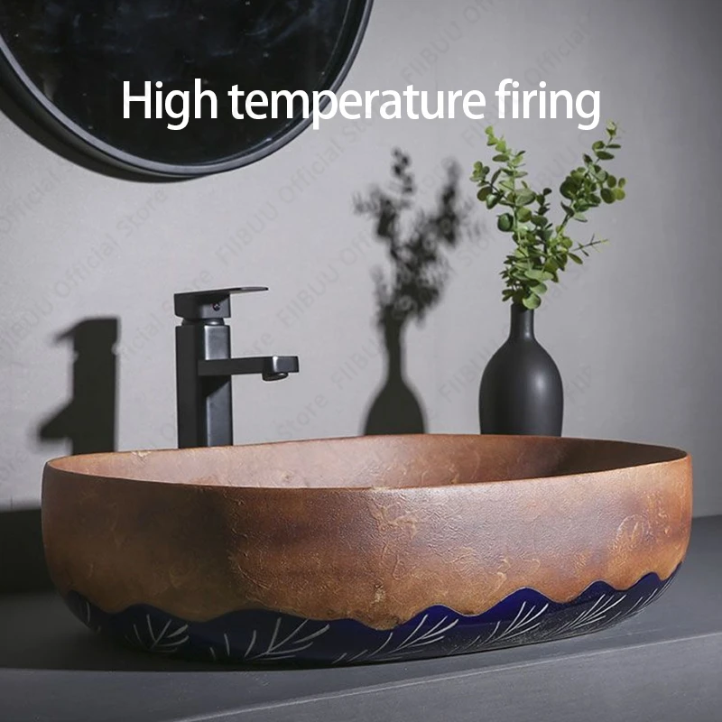 Ceramic Table Sink Bathroom Balcony Lavatory Vanity Sink Above Counter Wash Basin Countertop Vessel Sink Brown Art Basin Bowl 3