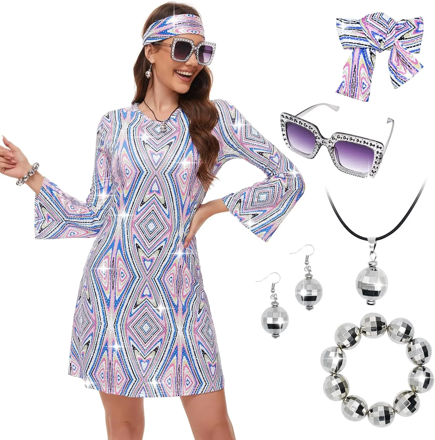 

70s Women Disco Dress Hippie Costumes Necklace Earrings Glasses, 60's 70's Birthday Outfits, 1970s Prom Bling Dress