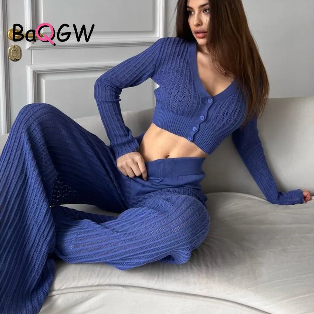

BaQGW Women Long Sleeve Cardigan Pants Two Piece Set Ladies Knitted Sexy Hollow Out Pants Suit Solid Casual Vacation Outfit