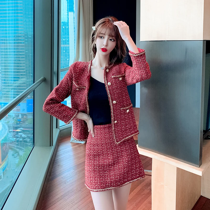 Autumn Red Women Two Pieces Clothes Set Long Sleeve Plaid Jacket+Pencil Skirts Twinset Elegant Office Lady Skirt Suits Party Set