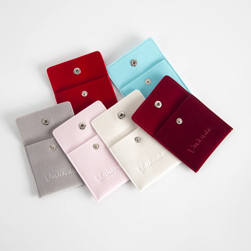 100Pcs/lot Suede Gift Jewelry Snap Pouch Bag with Custom Logo Printed Velvet Mini Soft Faux Suede with Button Jewelry Gift Pouch