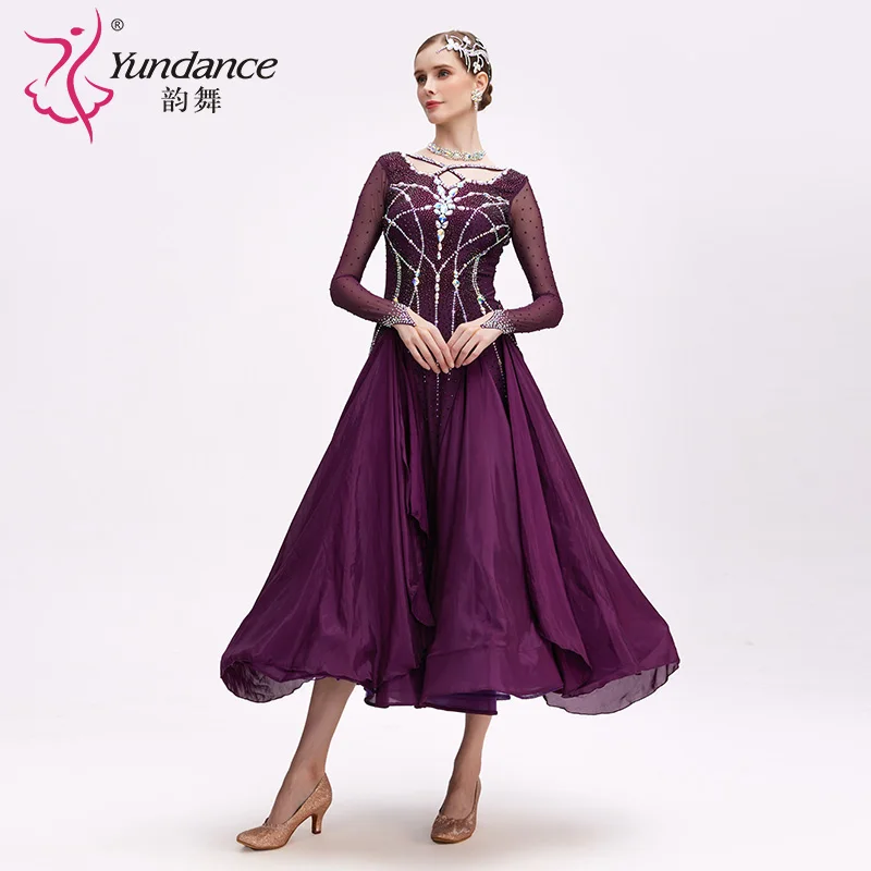 B-24159 Purple Satin Chiffon Ballroom Dance Dress High Quality New Rhinestone Standard Performance Wear Long Ballroom