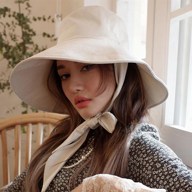 Large Wide Brim French Style Strappy Bucket Hats for women Cotton Outdoor Beach  Sun Hat Foldable Portable Elegant Ribbon Panama - AliExpress