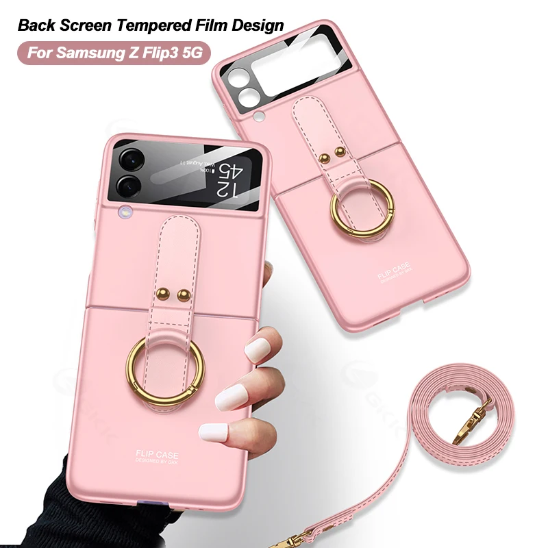 

GKK Оригинальный стеклянный чехол с внешним экраном для Samsung Galaxy Z Flip 3 5G, чехол с ультратонким кольцевым ремешком, Жесткий Чехол для Samsung Z Flip3 5G