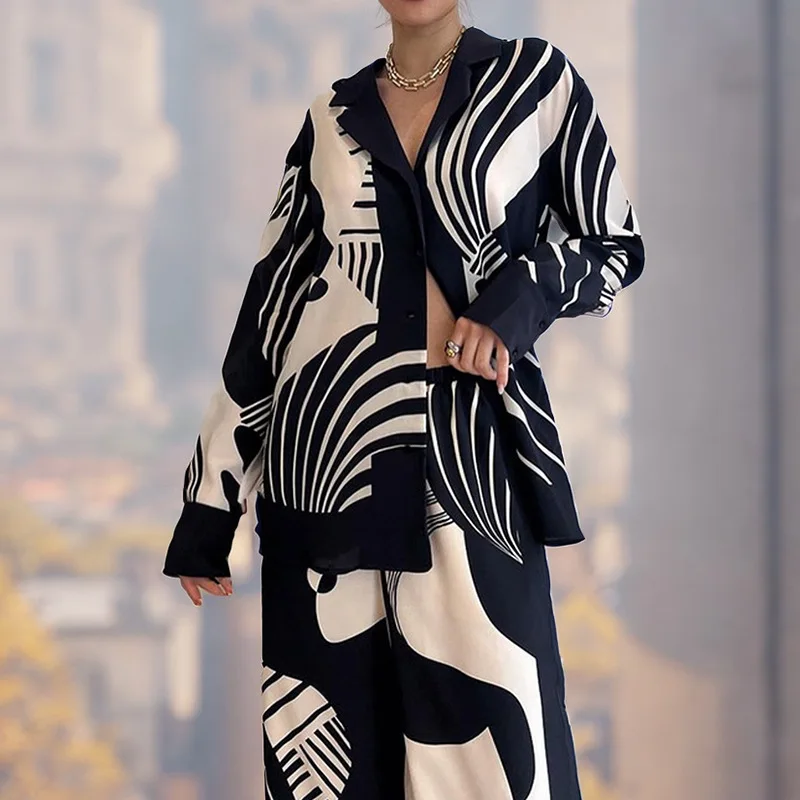 New Women Digital Print 2 Piece Set Chic Lapel Long Sleeved Blouse Top Loose Straight Leg Pants Suit Fashion Streetwear Outfits