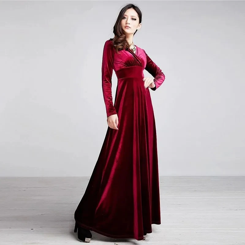 Solid V-Neck Dress 2025 New Spring Golden Velvet Dress Noble and Westernized Autumn Long Dress Velvet Mother Evening Dress Lady