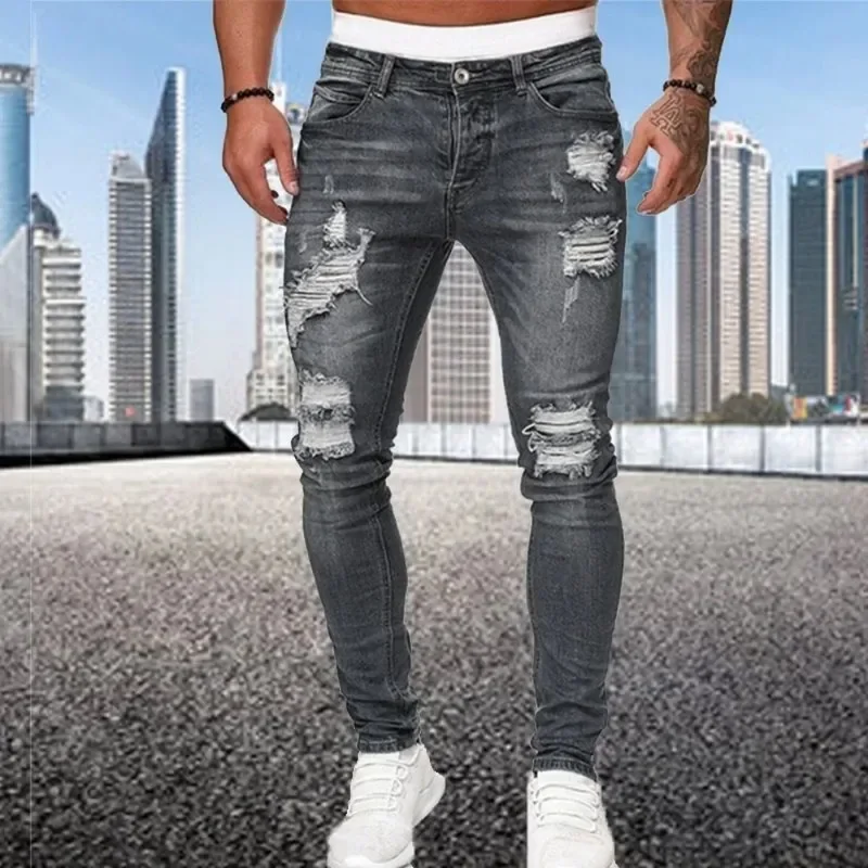 Retro Ripped Pencil Small Foot Skinny Jeans for Men Motorcycle Streetwear Stretch Straight Casual Slim Jeans Male
