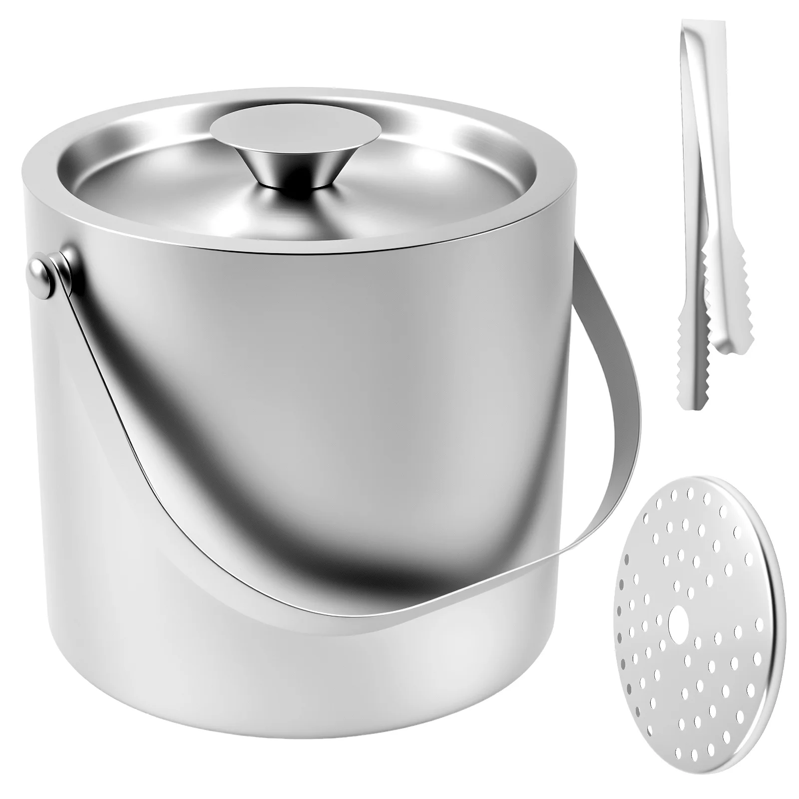Ice Bucket with Handle 3L Double Wall Insulated Ice Container Bin Stainless Steel Icing Cube Container with Clip Strainer