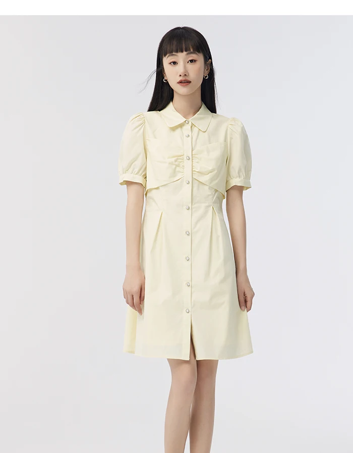 Dress Women Puff Sleeves Sweet Gentle Summer New Temperament Solid Color Exquisite Shirt Dress