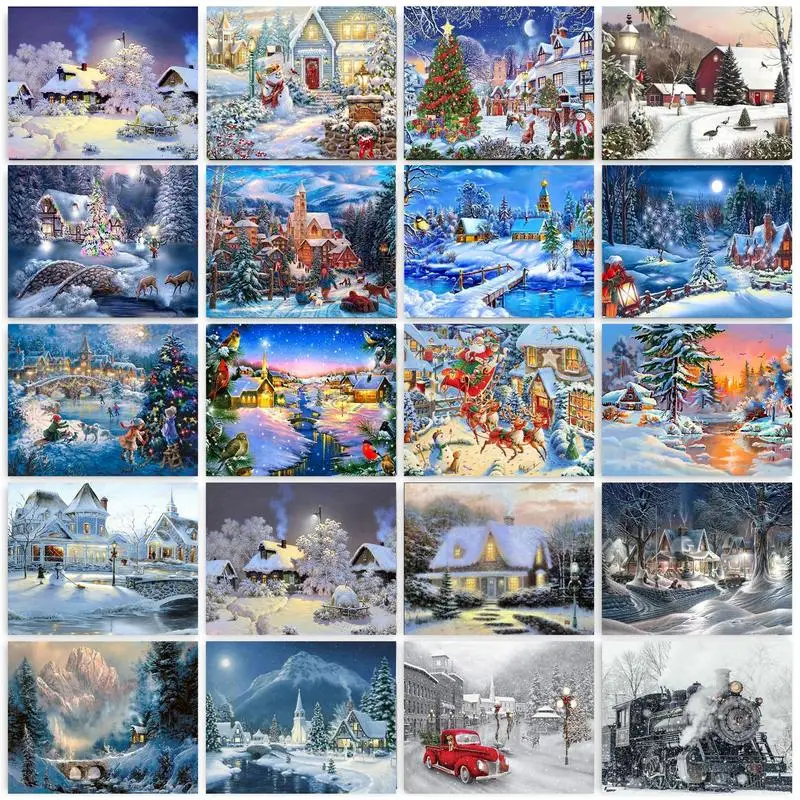 5D Diamond Painting Kits Frame Winter Landscape Cross Stitch Kits for Christmas Decoration Gift