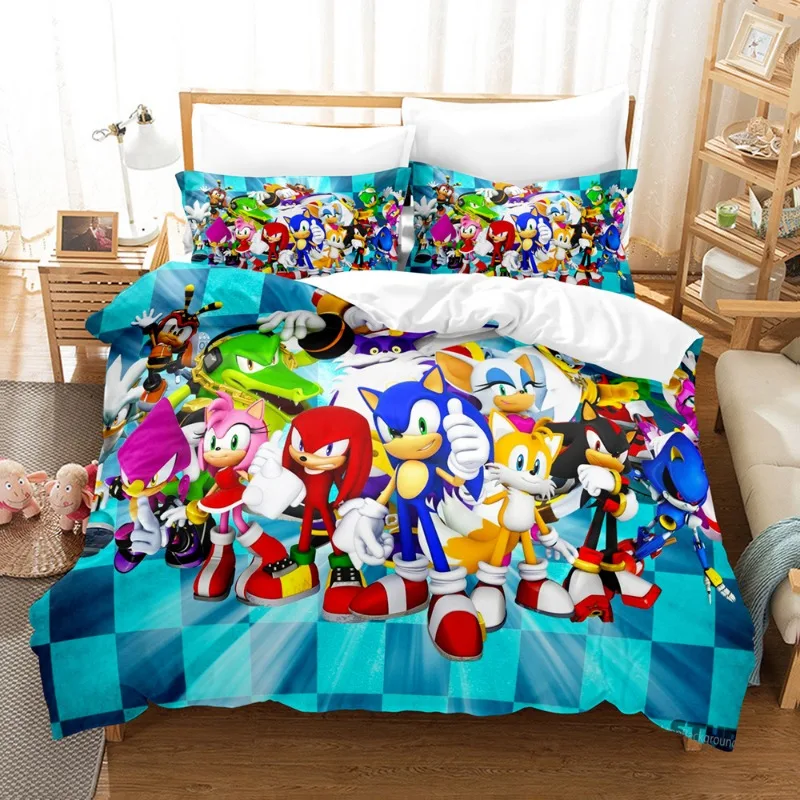 thumbnail image 1 of Juegos de cama tamaño king de Sonic The Hedgehog, funda de edredón con estampado 3D de dibujos animados de anime y funda de almohada, funda de edredón para dormitorio, juego de cama, 1 of 5