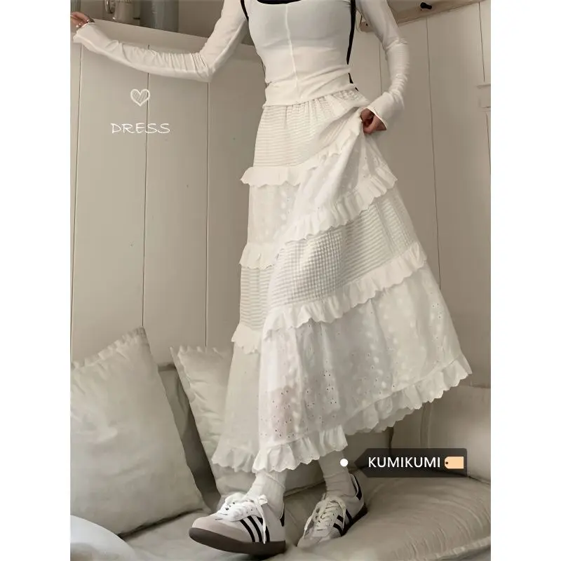 White Long Skirt Women Korean Fashion Cute Hook Flower Patchwork Ruffle High Waist A-line Maxi Skirt Mori Girl