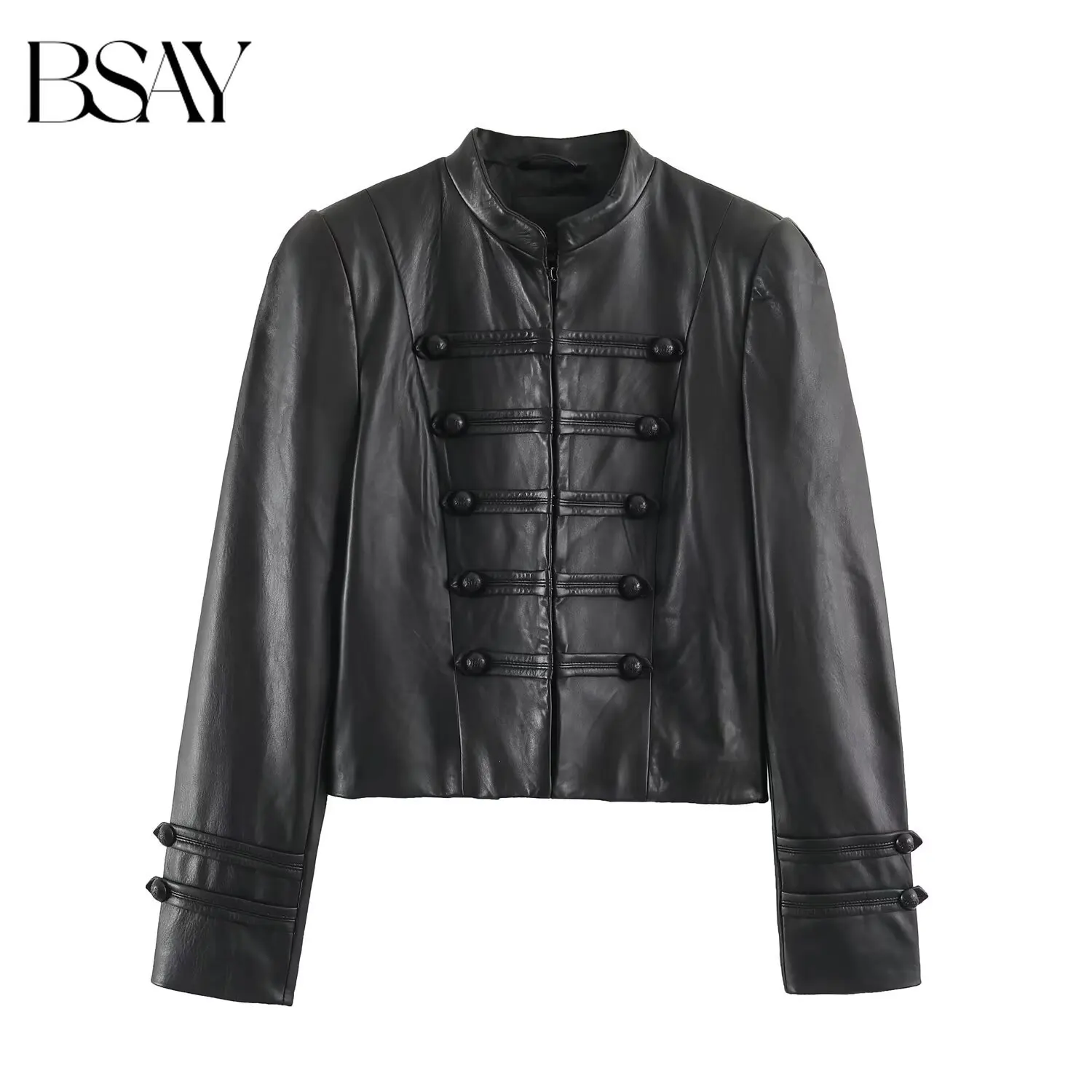BSAY 2026 Nouvelle Collection Automne – Blouson Court Femme en Similicuir Streetwear, Col Montant, Manches Longues, Boutons Décoratifs, Coupe Ajustée