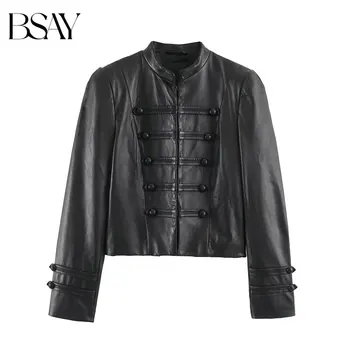 BSAY 2026 Nouvelle Collection Automne – Blouson Court Femme en Similicuir Streetwear, Col Montant, Manches Longues, Boutons Décoratifs, Coupe Ajustée