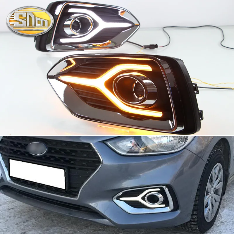 SNCN LED Daytime Running Light For Hyundai Accent Solaris 2017 2018 Yellow Turn Signal Relay Waterproof DRL Fog Lamp Decoration