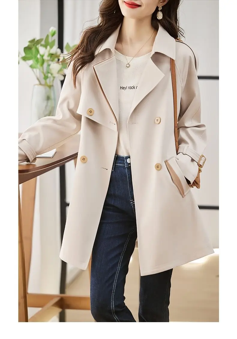 Solid Mid length Trench for Women Fall Winter 2023 New Vintage Turn Down Collar Long Sleeve Jacket Loose Double Breasted Coat