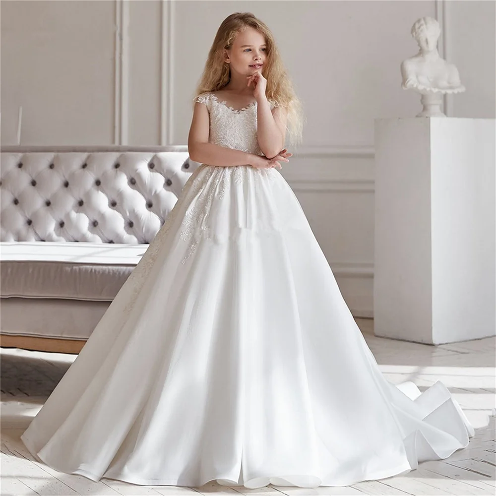 

Elegant White Applique Sleeveless Flower Girl Dress For Wedding Floor Length Birthday Prom Holy Communion Party Banquet Dresses