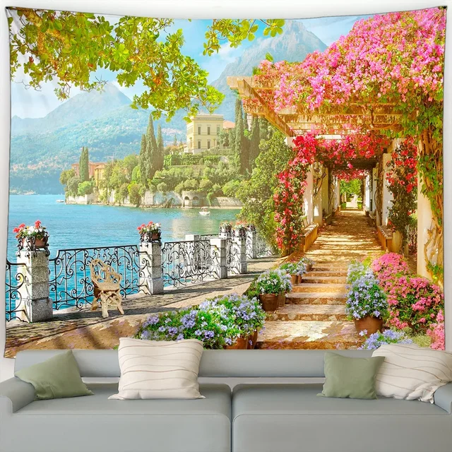 Tapisserie de paysage de bord de mer, fleurs roses, plantes, arbres, Style européen, paysage d'océan, décoration murale suspendue pour la maison et le salon 4