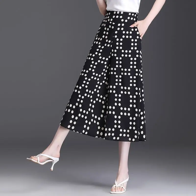 

2023 New Summer Fashion Commuting Minimalist Polka Dot High Waist Slimming Loose Casual Oversize Skirt Pants Thin Drape Capris