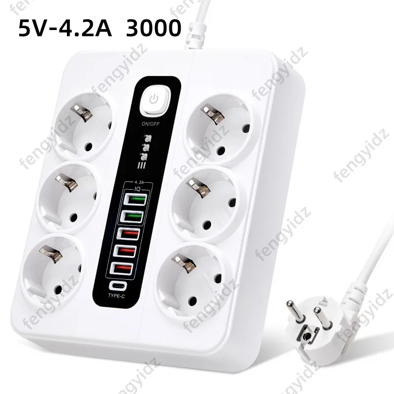 EU 플러그 6구 AC 콘센트, 5개 USB 포트, 1개 C타입 전원 연장 케이블, 스위치가 있는 멀티 소켓 네트워크 필터 포함 가정용 멀티탭