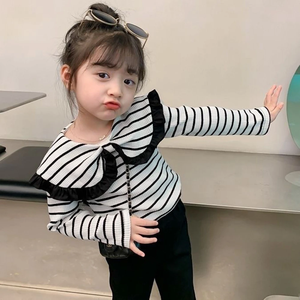 

Girls Clothes Striped Shirt Cute Bow Tops Long Sleeve 2023 Autumn Clothing for Girl Pullover Tops 1-6Years Kids Tshirt